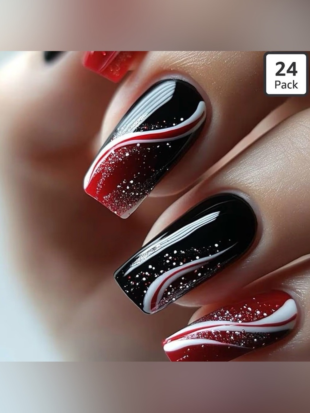 Red & Black Nail Art Set with White Accent Swirls